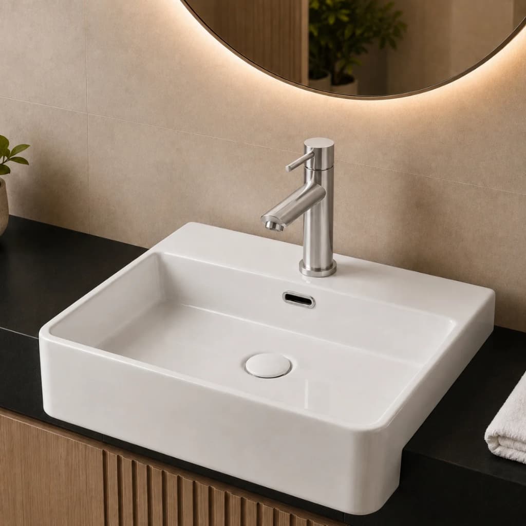 Kit Completo Cuba de Cerâmica Banheiro Torneira Aço Inox 1/4 Válvula Click Sifão Anti-Odor Vibranta