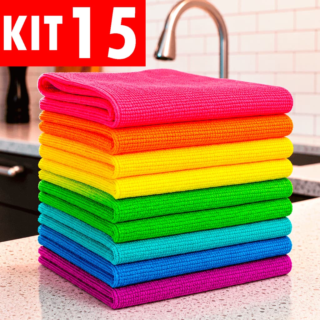 Kit 15 Panos de Microfibra Premium 30X30 para Limpeza com Alta Absorção Multiuso
