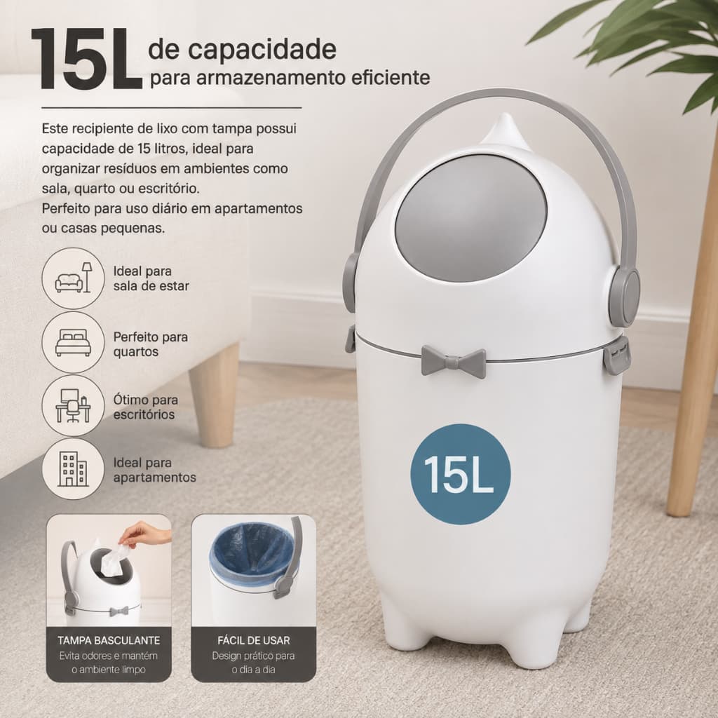 Lixeira Antiodor 15L para Fraldas Bebê Quarto Banheiro Cesto Lixo com Tampa e Alça