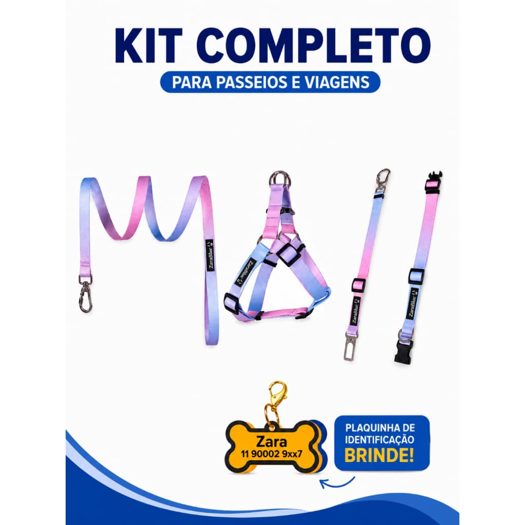 Kit Coleira Peitoral para Cachorro Guia e Cinto Segurança Ajustável Completo Resistente Confortável para Pet Zarablue