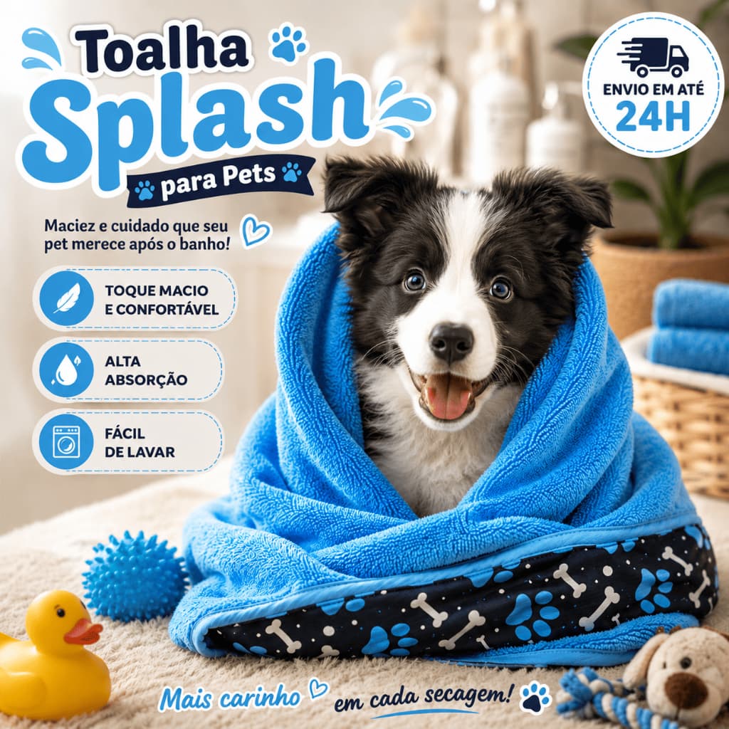 Toalha de Banho Pet Splash 70x100cm Alta Absorção Macia para Cachorro e Gato