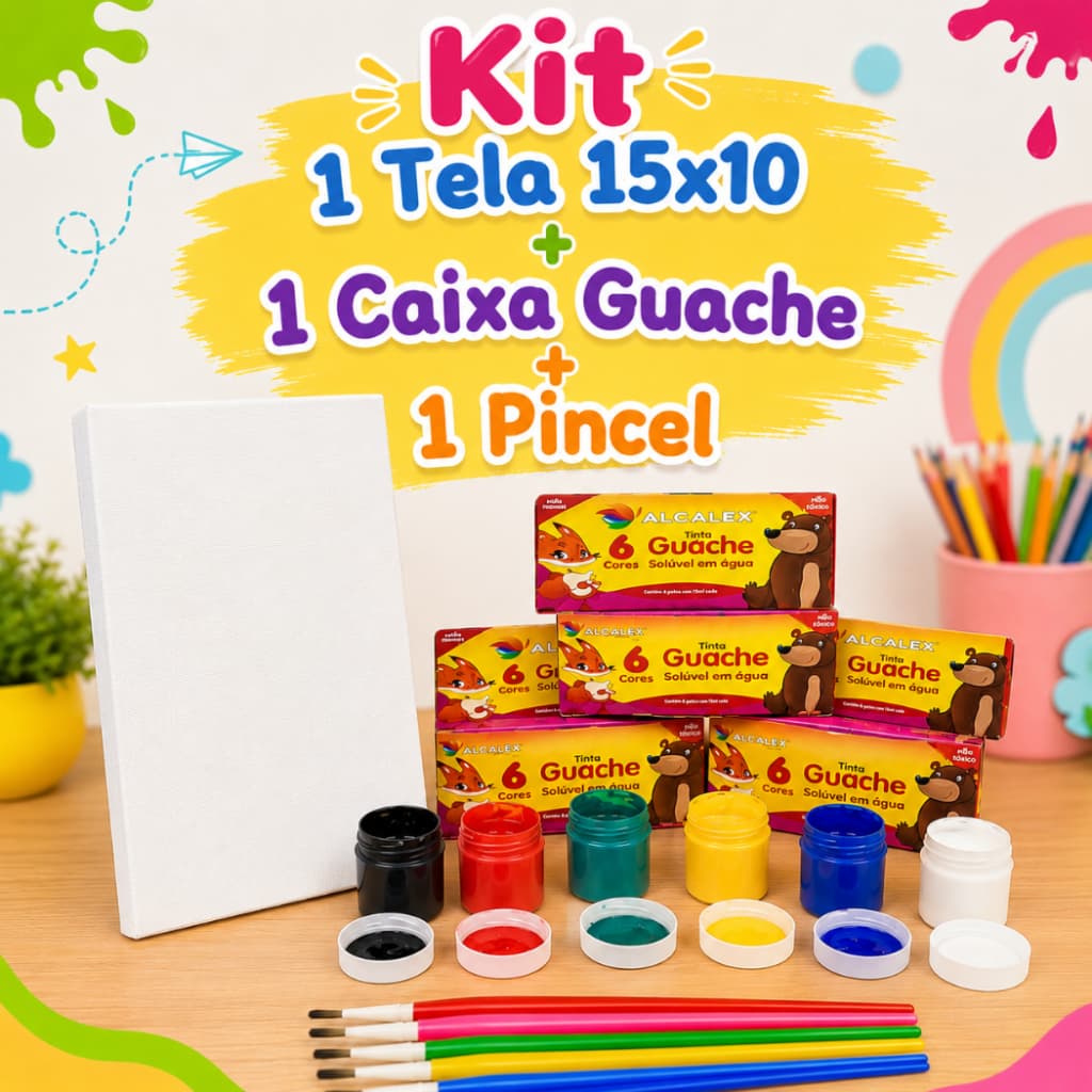 Kit 1 Tela Para Pintura 10 x 15 + 1 cx Tinta Guache  + 1 Pincel Artística Artesanato Escolar Lembrancinha