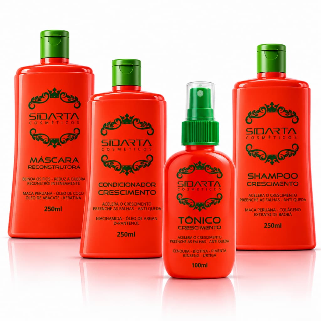 Kit Crescimento Capilar Sidarta 4X4 (CF)  – Tônico Capilar, Máscara Crescimento, Shampoo e Condicionador 250ML
