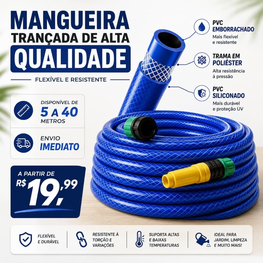 Mangueira Jardim Trançada Reforçada Tripla Camada Esguicho azul esguicho conector pronta para uso