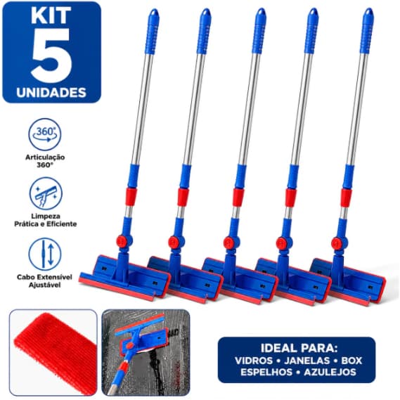 Kit 5 Rodo Limpa Vidros Com Esfregão Cabo Extensível Ajustável Limpeza De Vidros Janelas Box