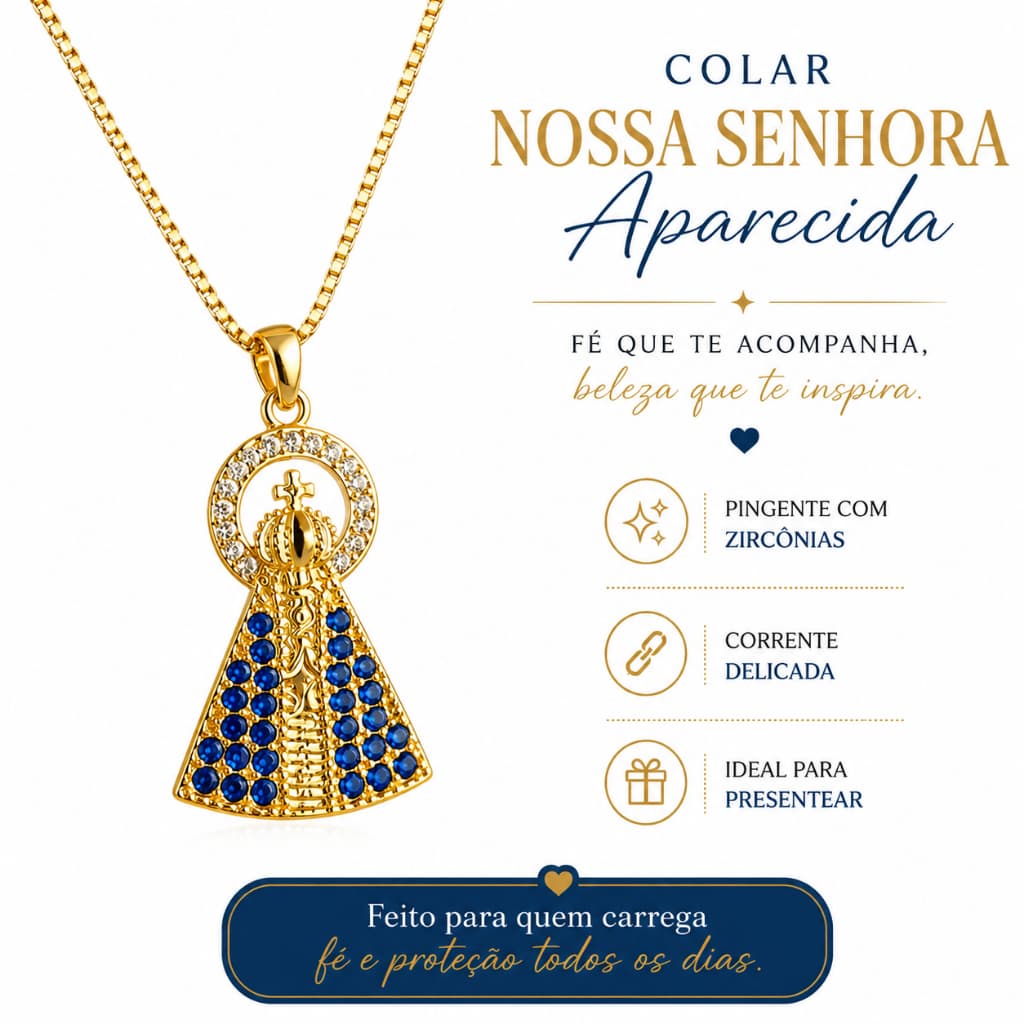 Colar Nossa Senhora Aparecida Dourado com Zircônias Azuis – Fé, Proteção e Elegância
