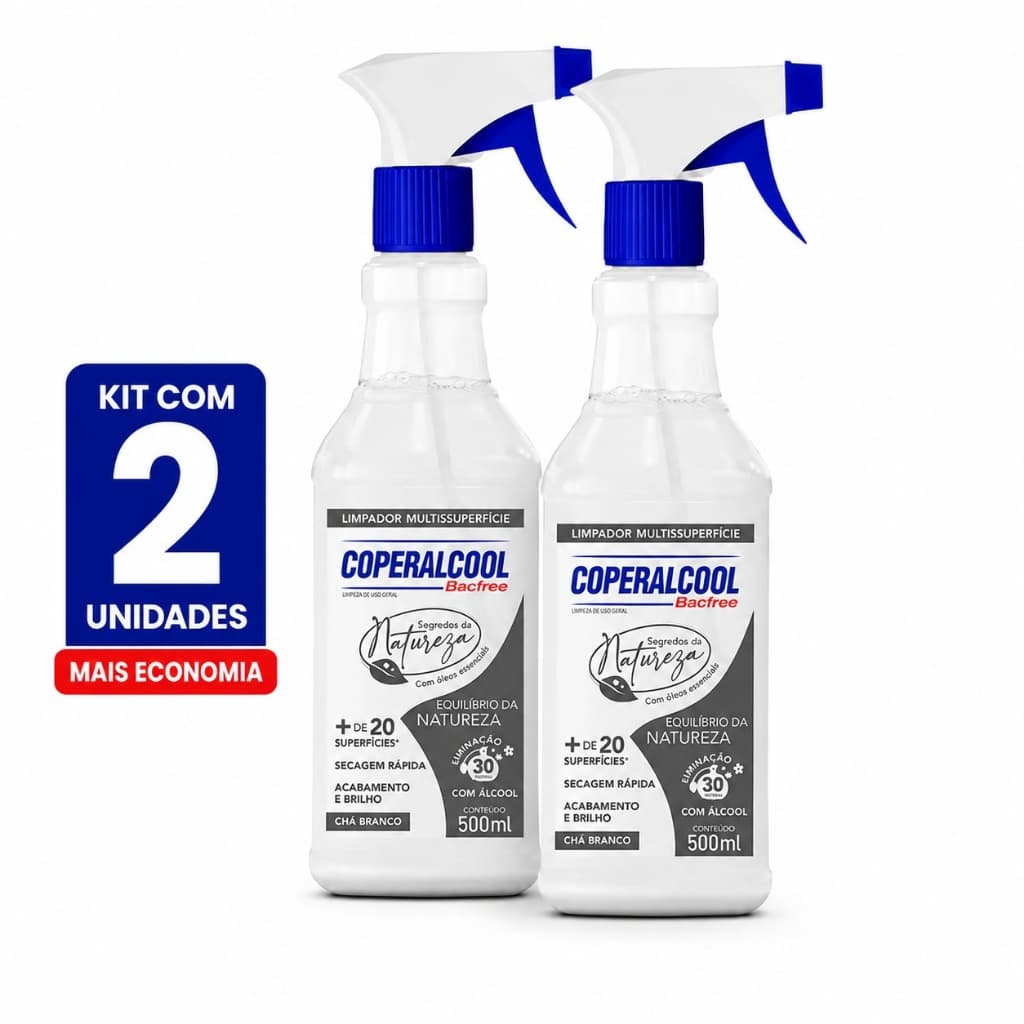 Kit 2 Coperalcool Bacfree Limpador Multissuperfície Chá Branco 500ml Secagem Rápida