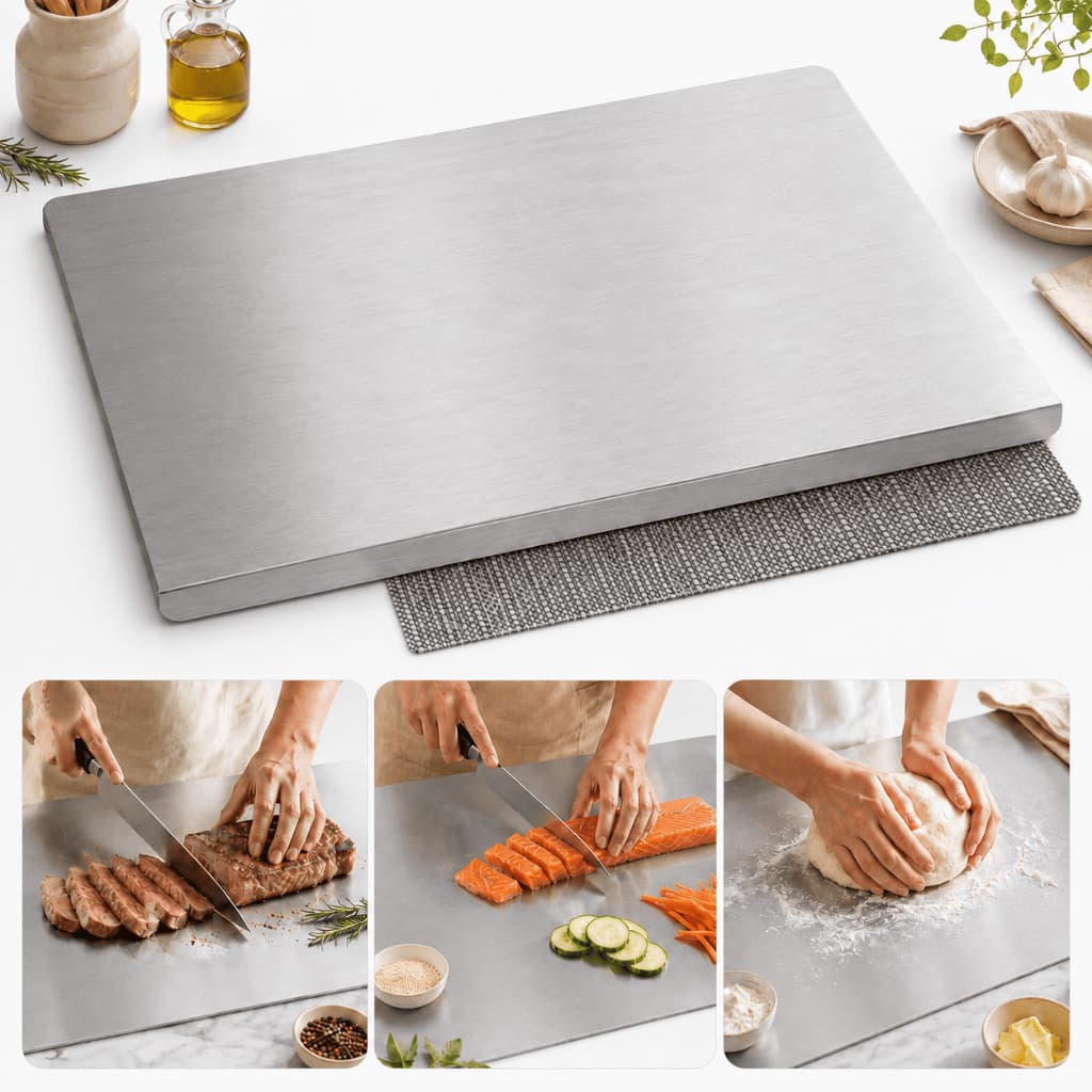Tábua de Corte Inox 304 50x40 Antimofo Antiderrapante para Bancada Profissional Corte Carne Churrasco Cozinha Gourmet