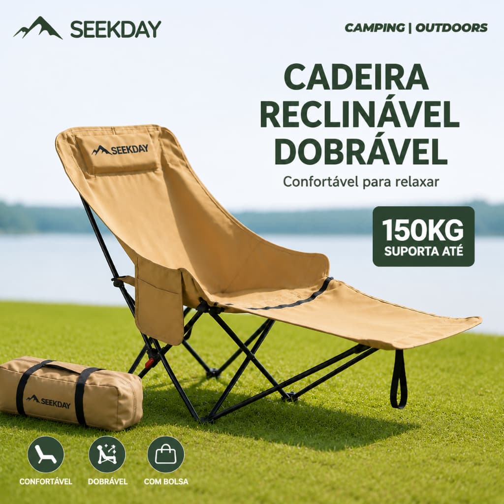SEEKDAY Espreguiçadeira Dobrável Reclinável Cadeira Camping 150kg Ajustável com Apoio para Pés Portátil Camping Cadeira