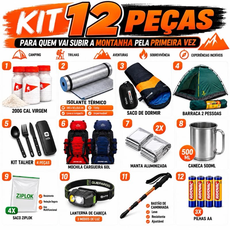 Kit Completo 12 Itens para Barraca Mochila Saco de Dormir Isolante Térmico Lanterna Talher Trilha Aventura
