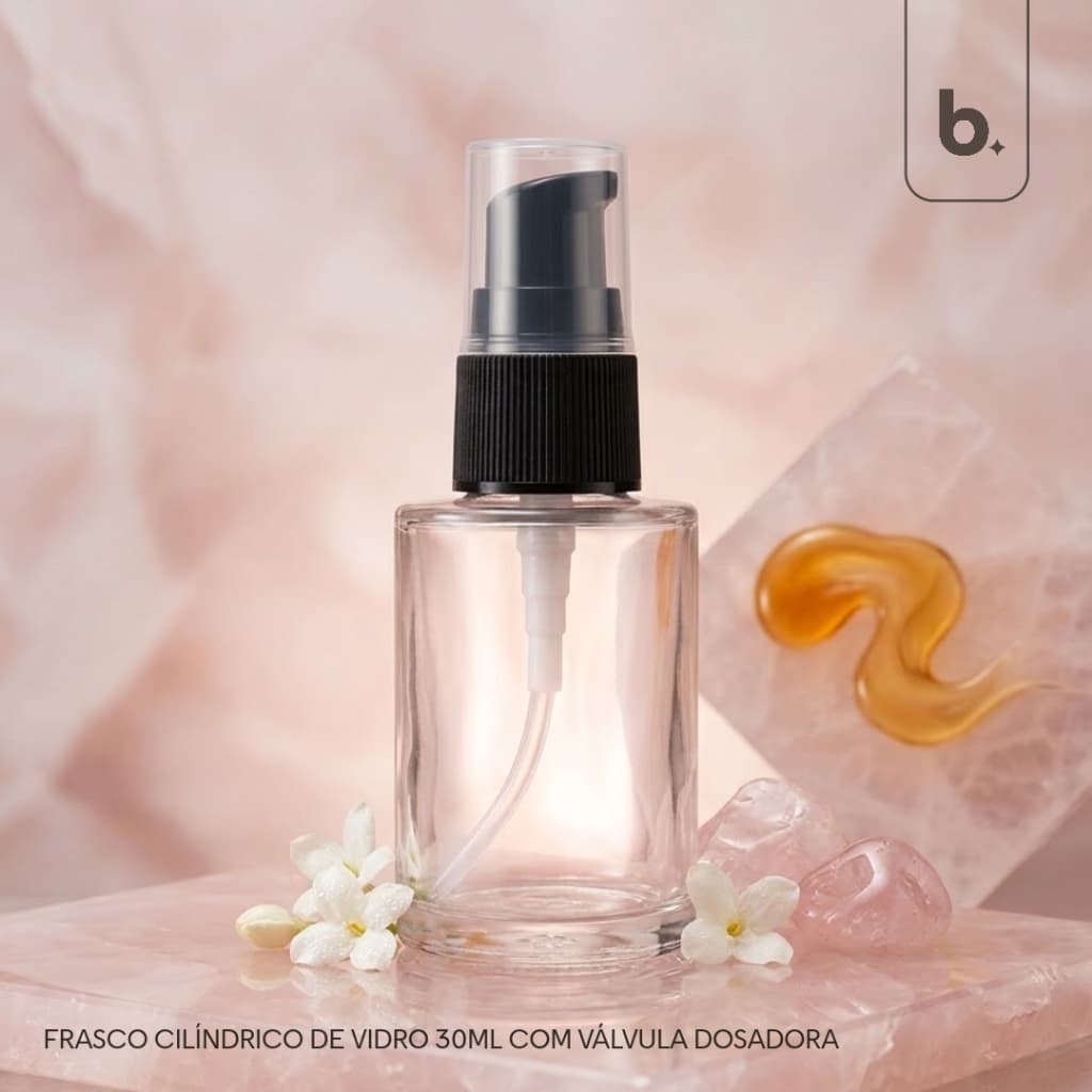Kit Frasco Cilíndrico de Vidro 30ml com Válvula Preta Rosca 20 e Tampa Transparente - Ideal para Reparador de Pontas