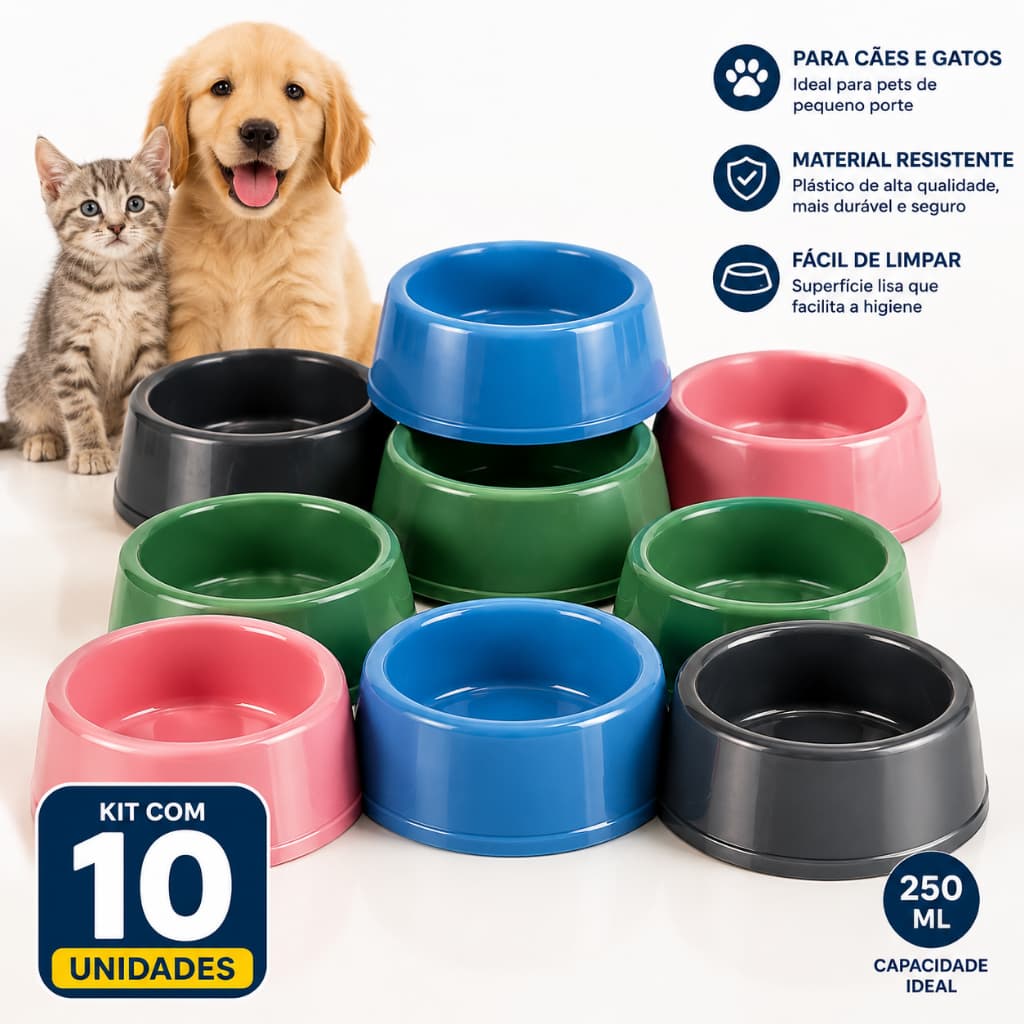 Comedouro Pet Vasilha Pote Kit 10un P/ Ração Filhote Gatos 250 ML Pet Shop Promoção