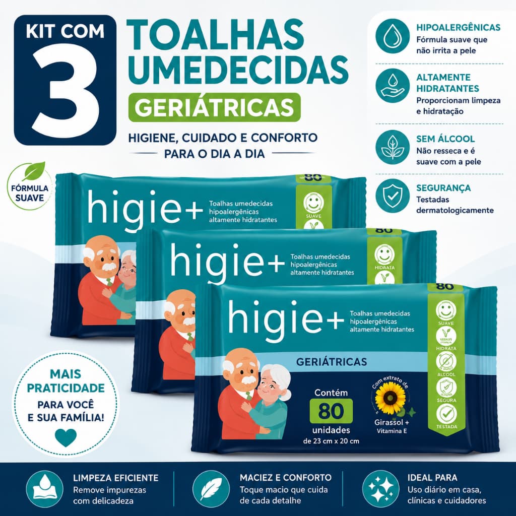 Kit 3 Lenços Umedecidos Higie Plus Geriátrico - Total 240 Toalhas - Hipoalergênico