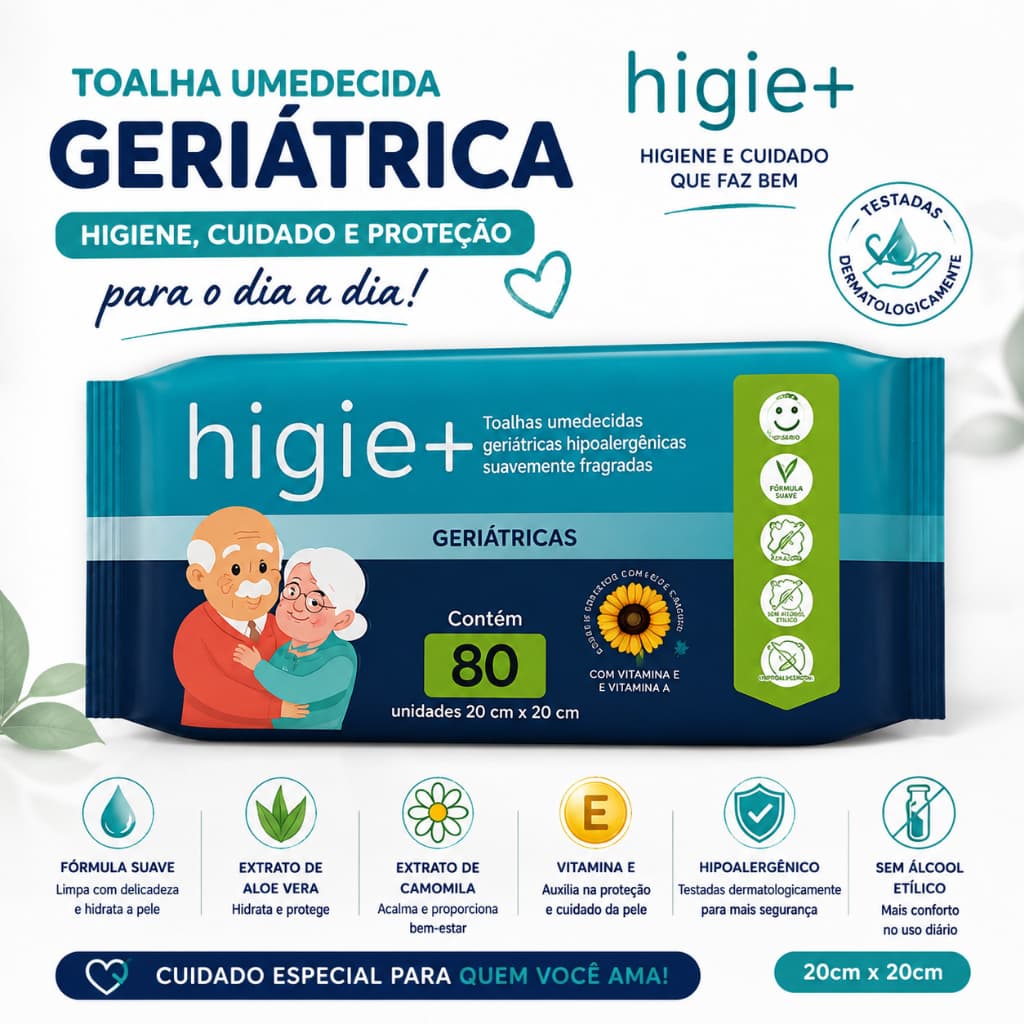 Lenço Umedecido Geriátrica Higie Plus Pacote 80 Unidades 25x22cm Hipoalergênica