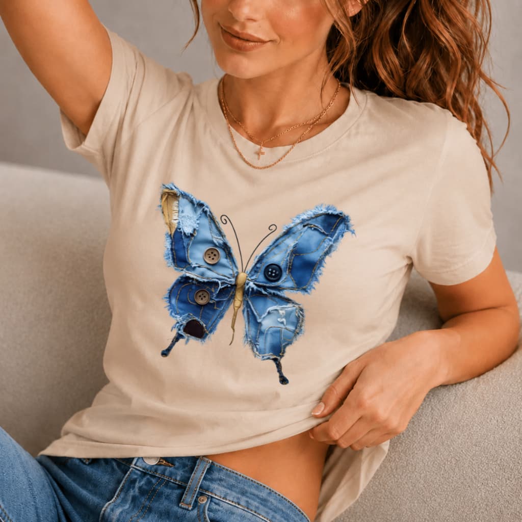 Camiseta Feminino Algodão Premium Borboleta Jeans Gola Redonda Manga Curta
