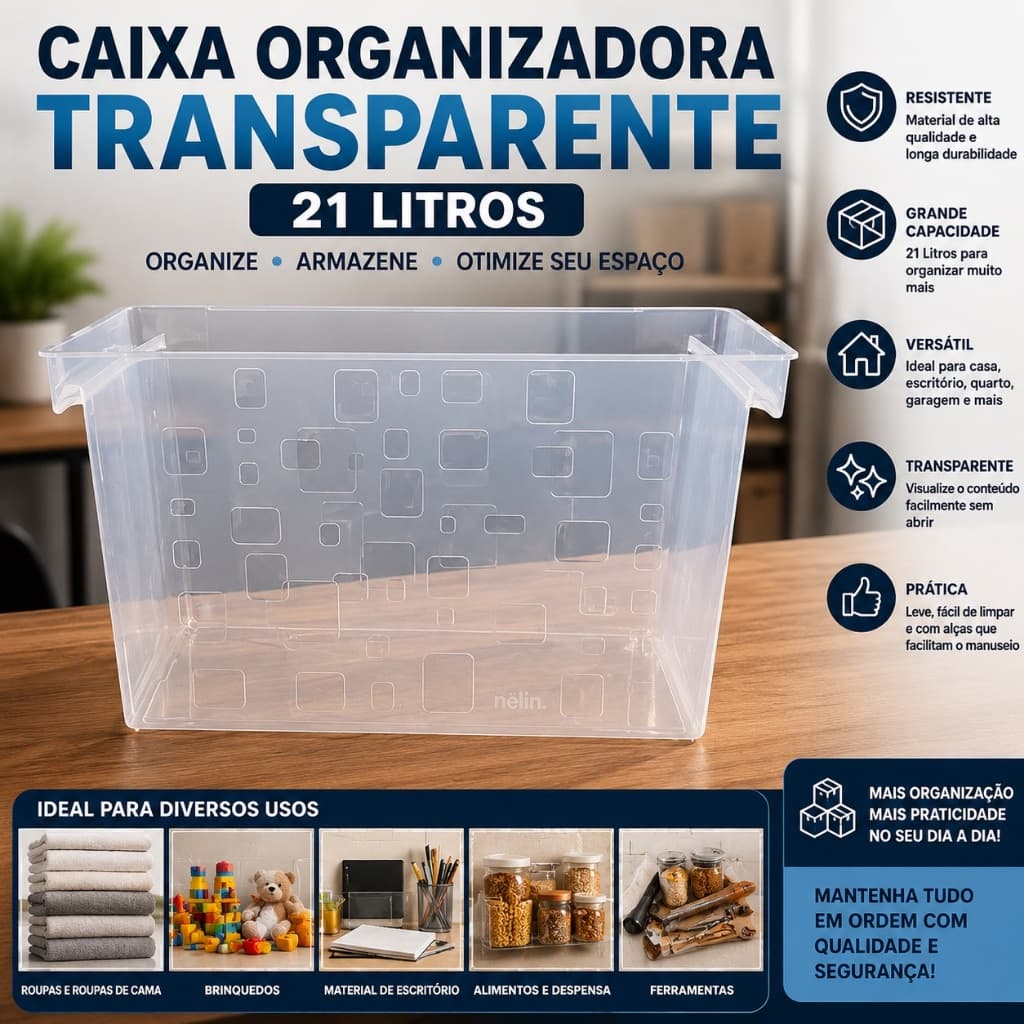 Caixa Organizadora Transparente 21 Litros – Resistente, Grande Capacidade e Versátil para Casa e Escritório