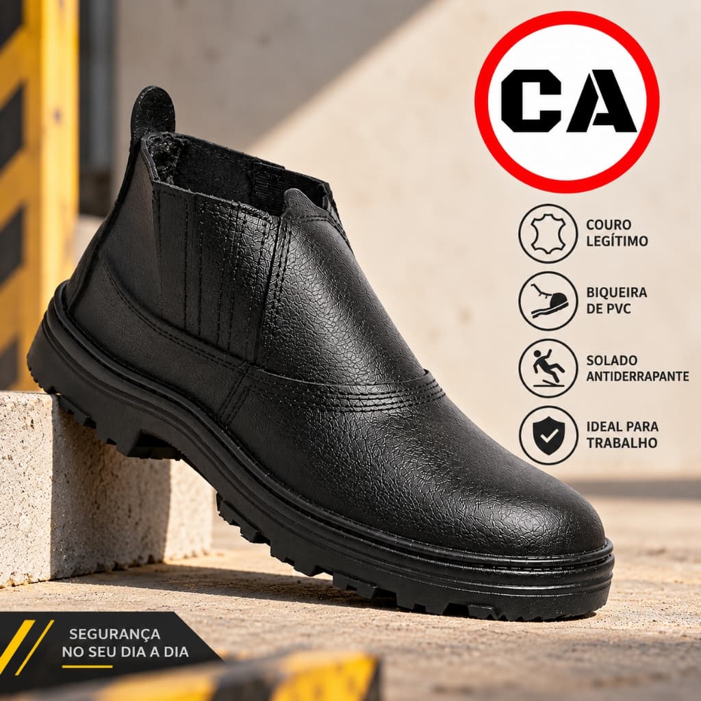 Botina EPI Masculina Com CA Couro Biqueira PVC Antiderrapante Calçado Segurança Trabalho Obra