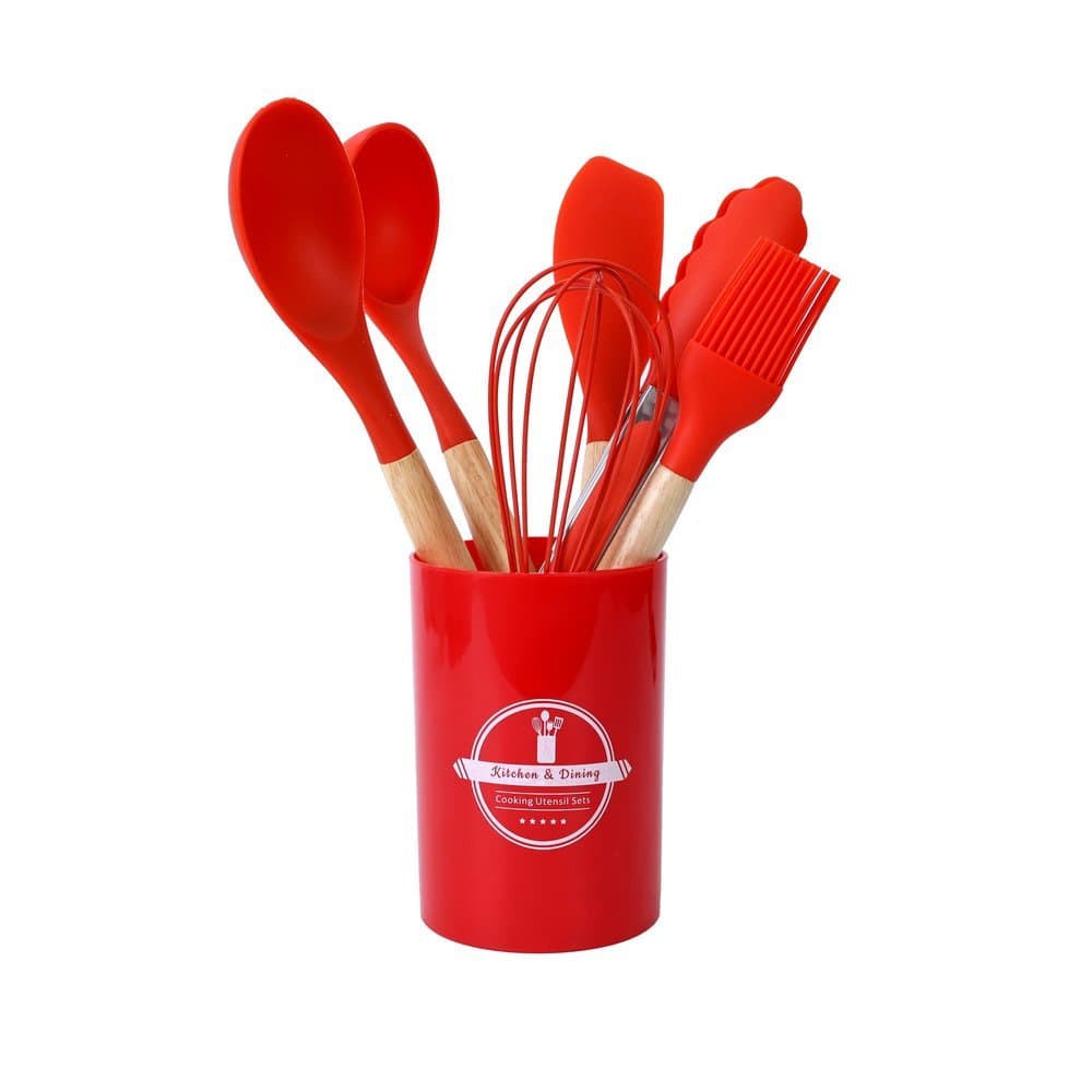 Jogo Escumadeiras Pegador Batedor Espátula Fouet Concha  Pincel Culinário 7 Peças  Silicone Vermelho  Cabo de Madeira