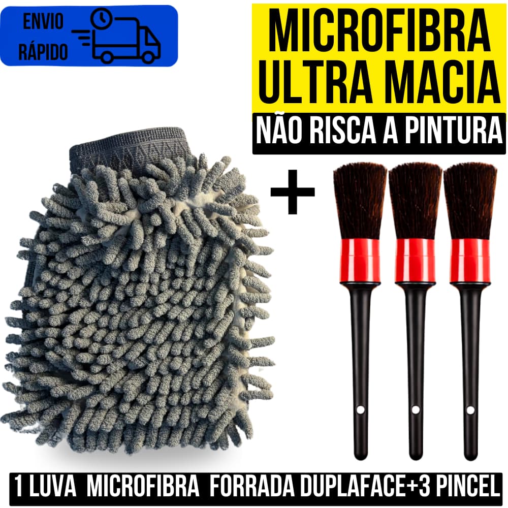 Kit Luva De Microfibra Cedas Longas E Macia Grande Com 3 Pincéis Detalhamento Para Cantos Internos e Grades Externas