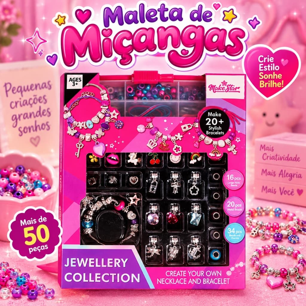Maleta de Miçangas Coloridas Kit para Fazer Pulseiras e Bijuterias Artesanato Criativo Organizador Portátil