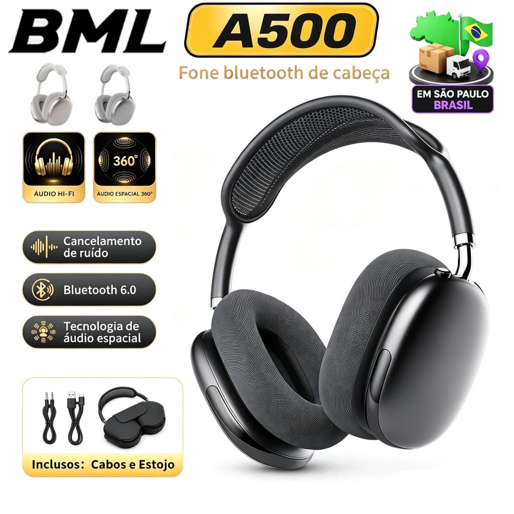 BML A500 Fone de Ouvido Headphone ANC Bluetooth Adaptativo Bluetooth 6.0 69H Bateria +CANCELAMENTO DE RUÍDOS