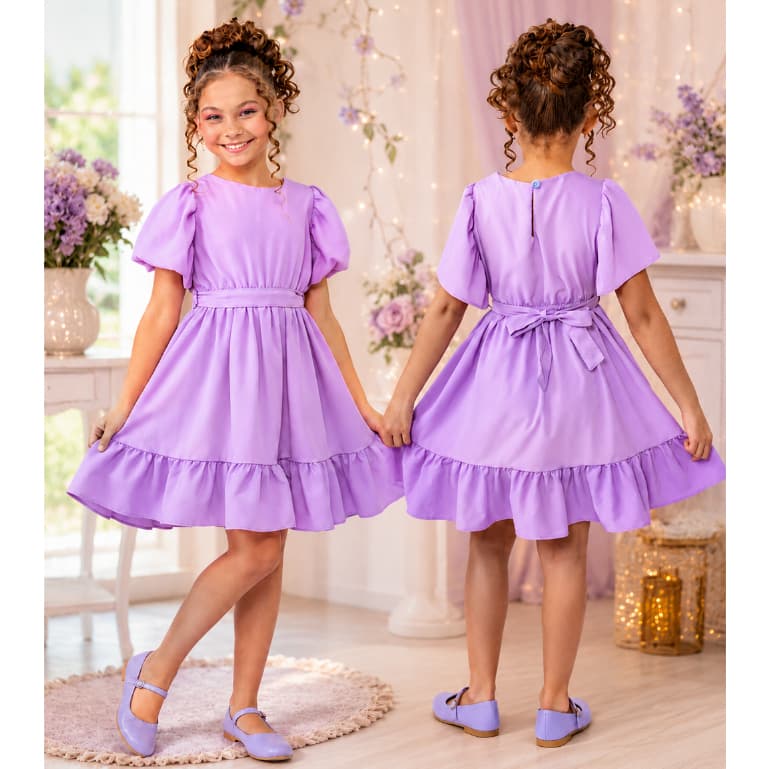 Vestido Infantil,Lilás, Midi, Liso,Menina,Rodado, Faixa e Elastico na cintura, babado, festa. 4, 6 , 8 anos