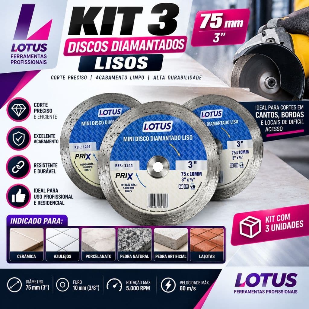 KIT 3 MINI DISCO DIAMANTADO LISO 3" | 75 X 100 MM | 3'' X ³/4'' | 1244