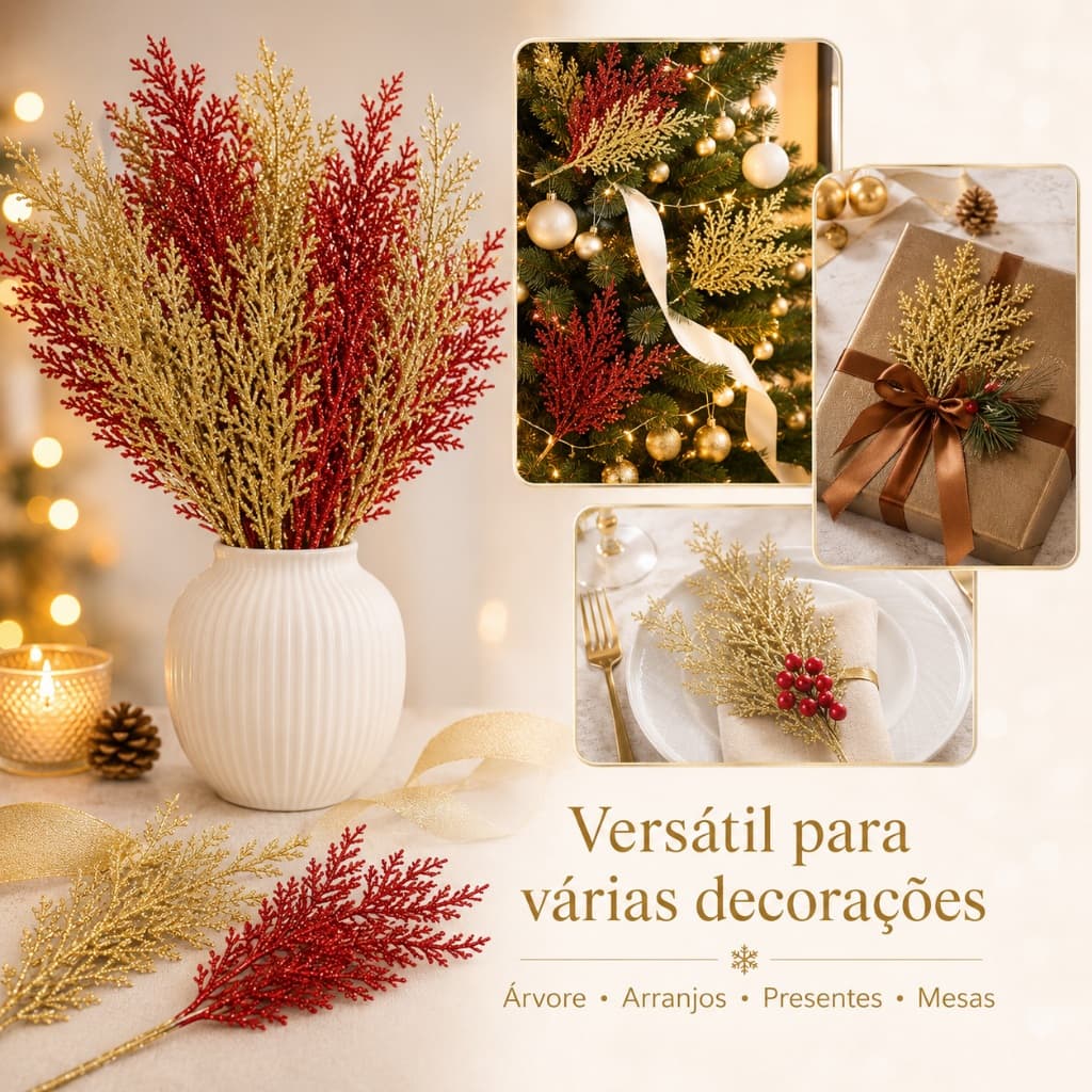 Kit 20 Galhos de Pinheiro Artificial Vermelho com Glitter, Enfeites para Árvore de Natal, Guirlanda e Arranjos
