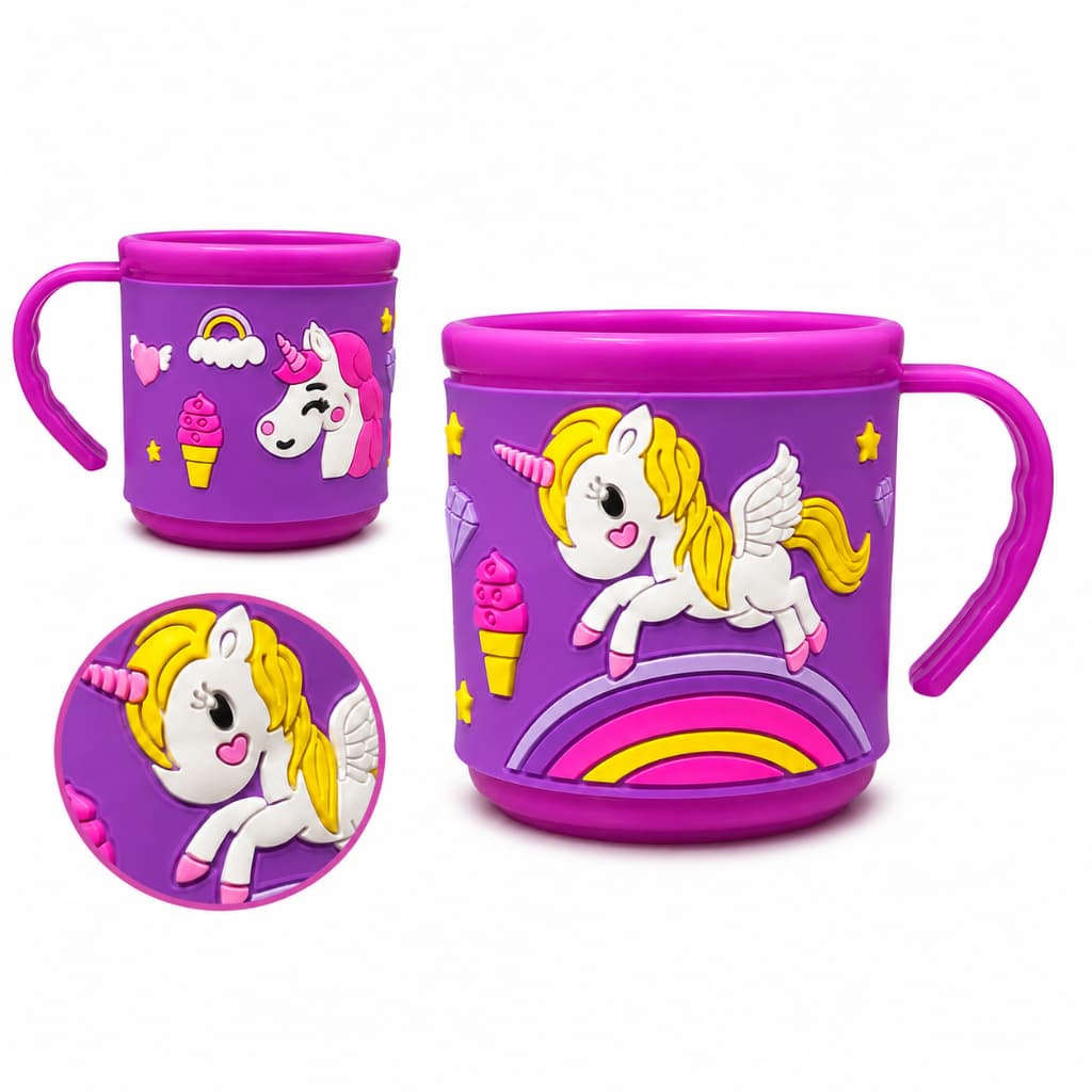 Caneca Infantil Unicórnio 3D Emborrachada com Alça Alto Relevo 220ml