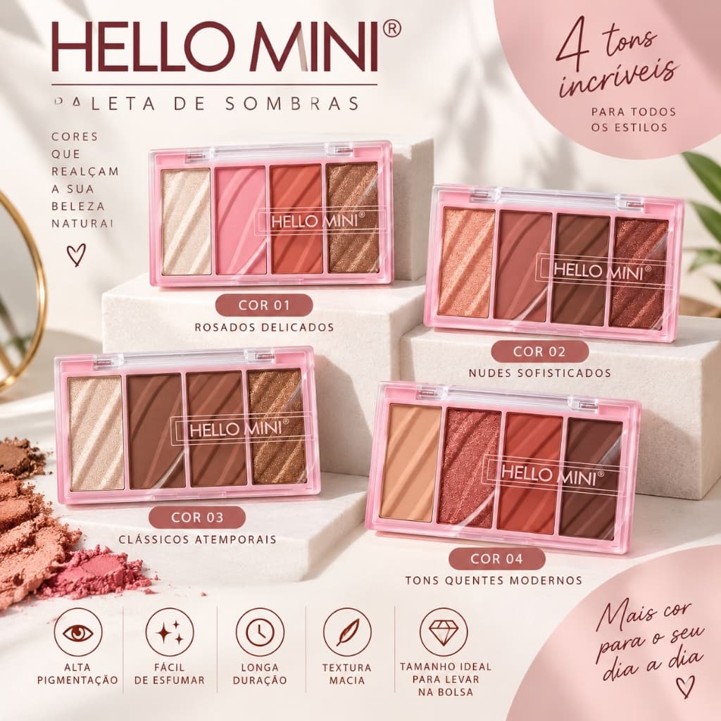 Paleta de sombra olho nude tons quentes frios glitter 4 cores Hello Mini