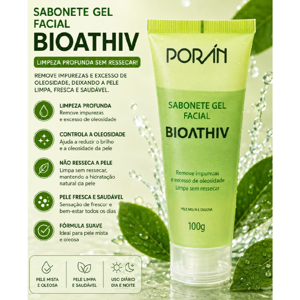 Sabonete Gel Facial Bioathiv Porán Pele Oleosa