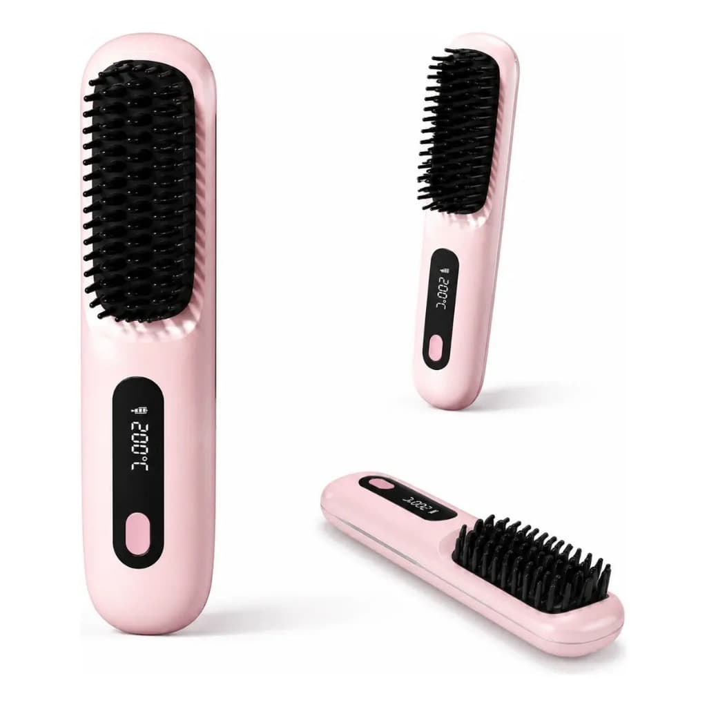 Mini Escova Alisadora Elétrica 200°C Rosa – Escova Modeladora Portátil para Alisar e Pentear os Cabelos
