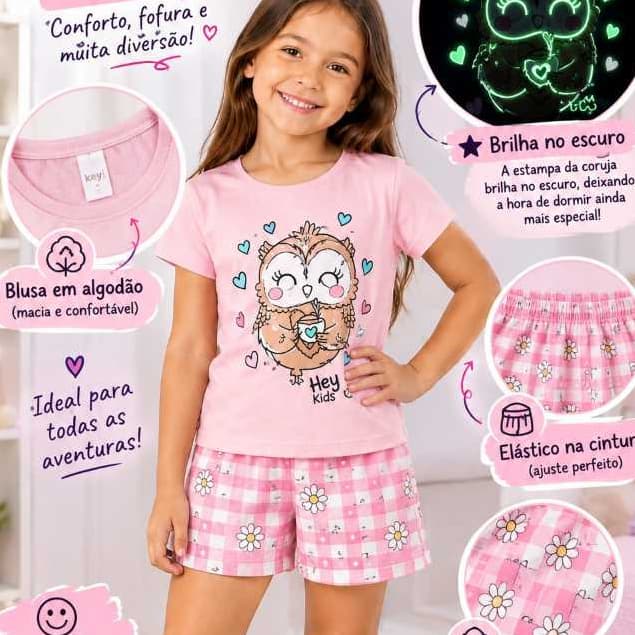 Conjunto pijama infantil verão tema Coruja tamanhos 1 ao 8 shorts + blusa manga curta confortavel