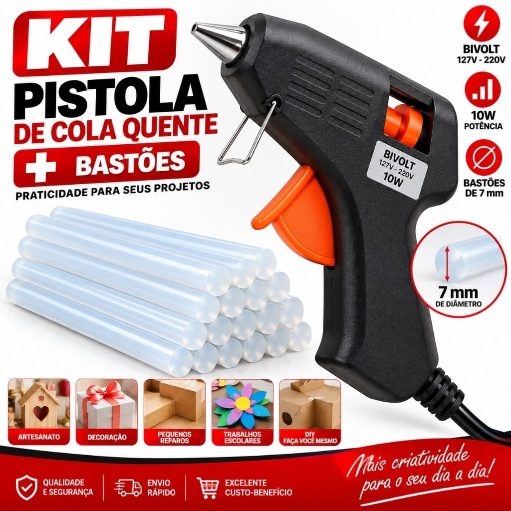 Kit 7/14 Pistola De Cola Quente + 14 Bastões 7mm Bivolt  10W Para Decoração E Pequenos reparos