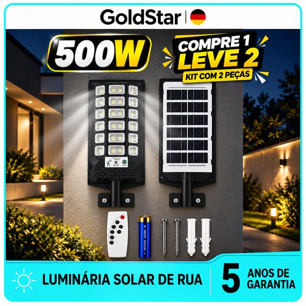 Luminária Solar LED Externa 500W IP69 Lente Colmeia, Sensor de Movimento e Controle Remoto para Garagem e Jardim