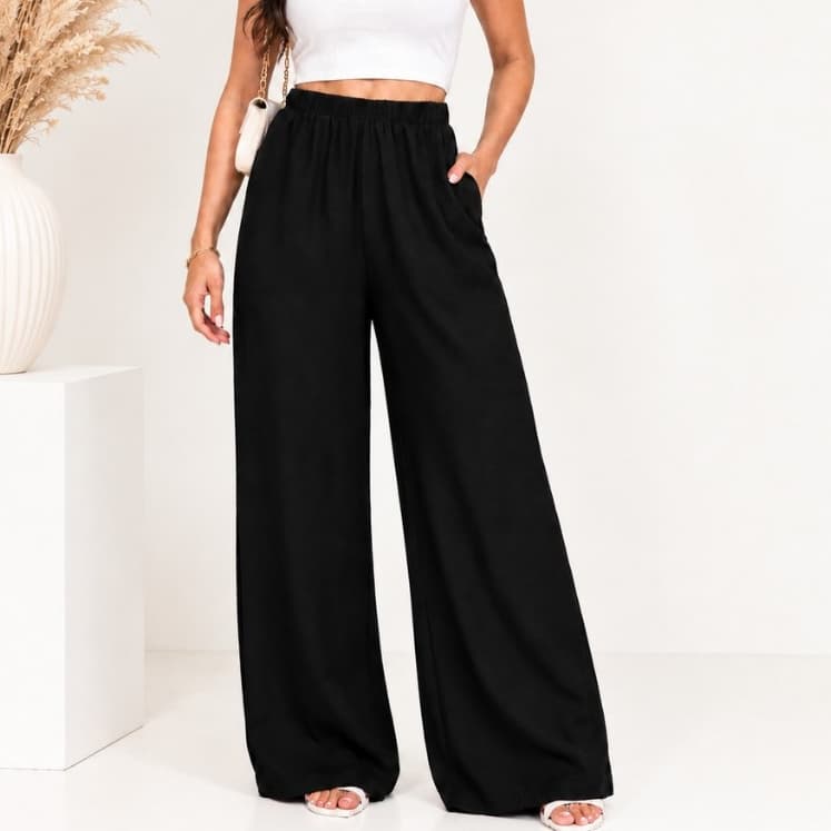 Calça Pantalona Duna Lisa Cintura Alta Wide leg Básica Premium