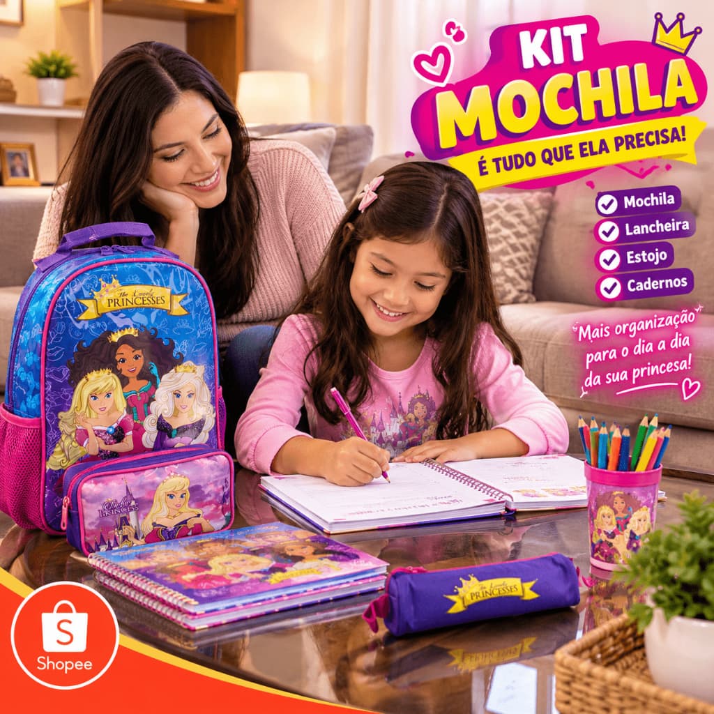 Kit Mochila Infantil Princesas  Escolar com 3 peças Roxa