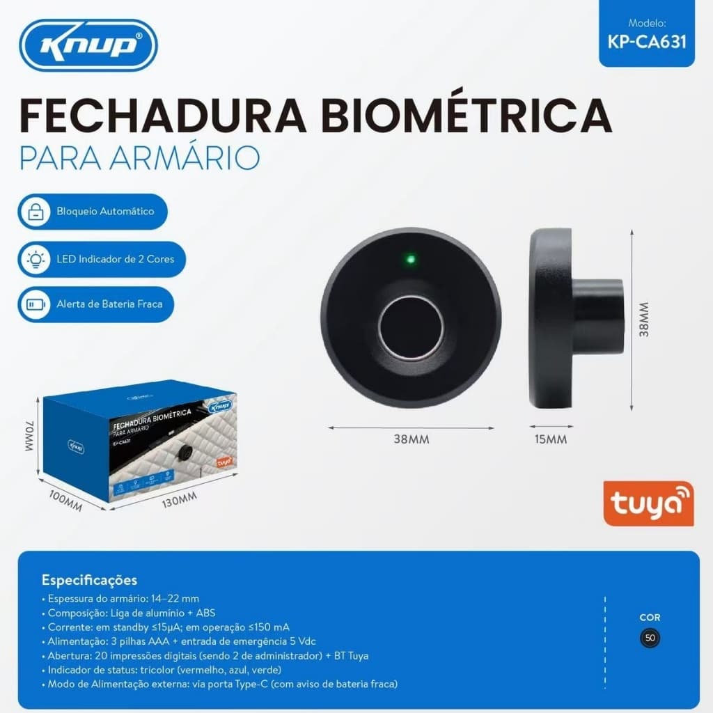 Fechadura Digital para Armário com Biometria, Bluetooth, 20 Digitais e Bloqueio Automático