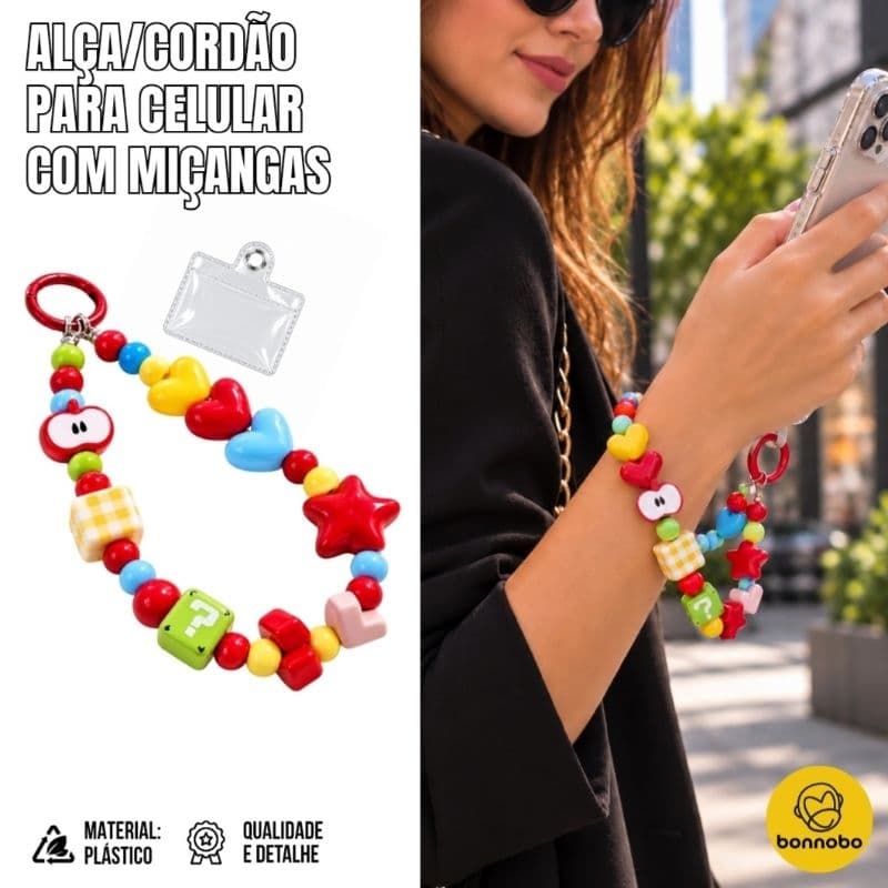 Alça para Celular de Pulso Cordão Corda Ajustável com Chaveiro Miçangas, Suporte para Smartphone Cel