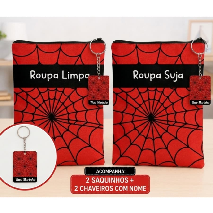 Kit 2 Saquinhos Roupa Limpa e Suja + 2 Chaveiros com Nome Creche Escola Tema Aranha