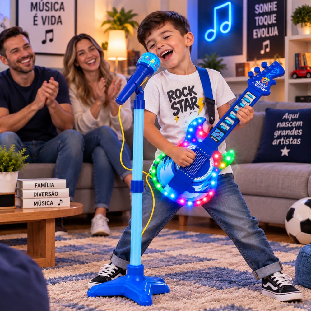 Guitarra Infantil com Microfone Pedestal Karaokê MP3 Musical Azul para Crianças