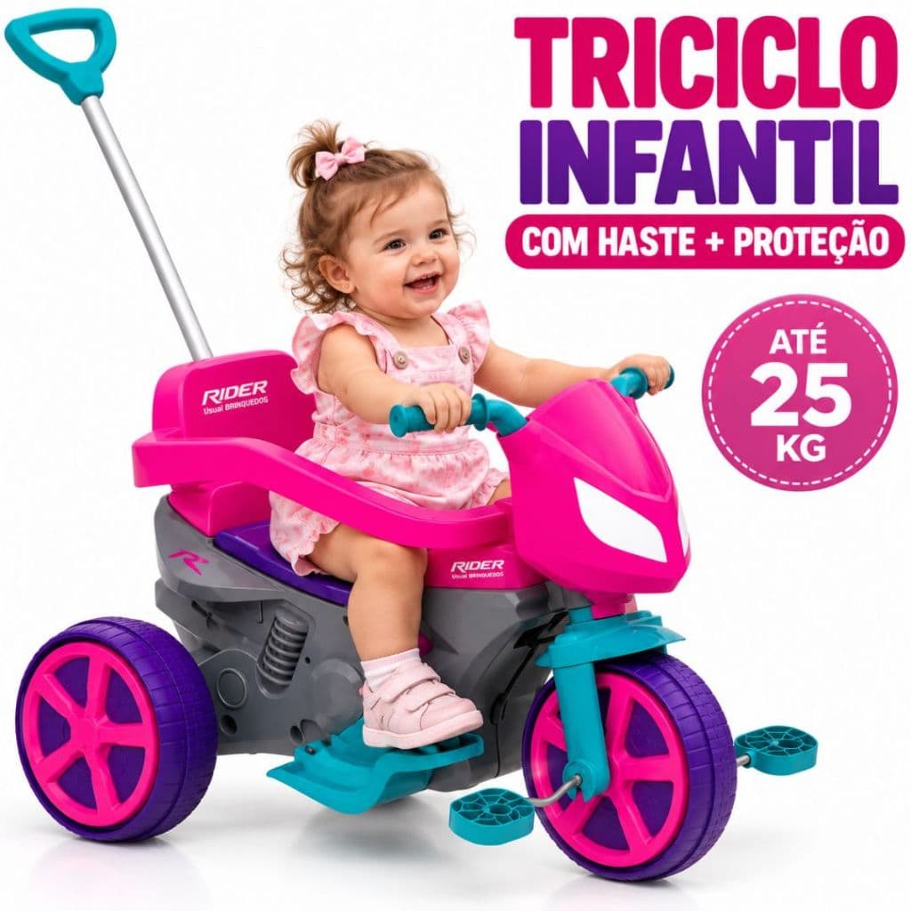 Triciclo Infantil Pink Rosa Passeio Com Haste e Pedal e com Anel De Proteção