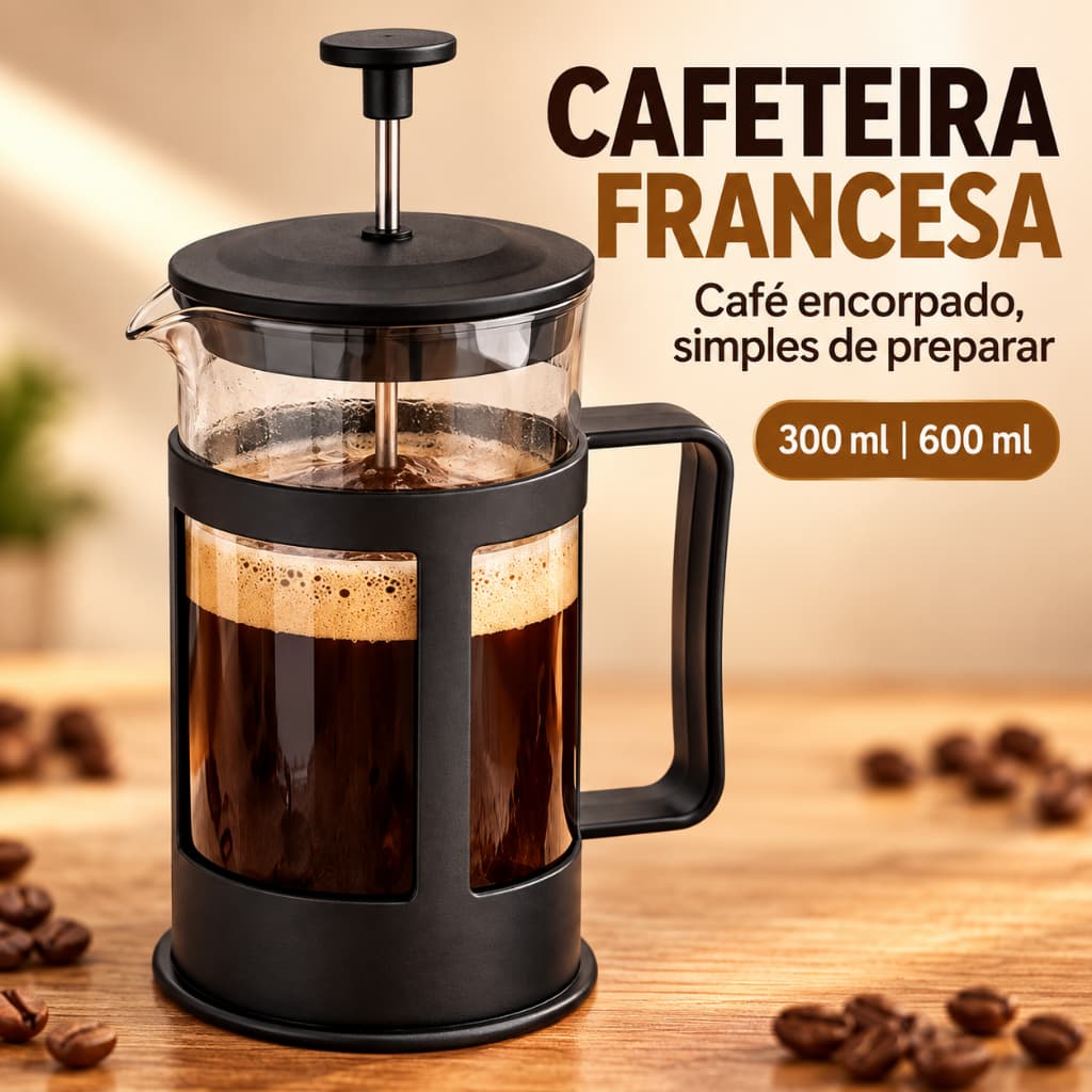 Cafeteira Prensa Francesa 300ml ou 600ml Fratelli Manual de Vidro para Café e Chá com Filtro Reutilizável