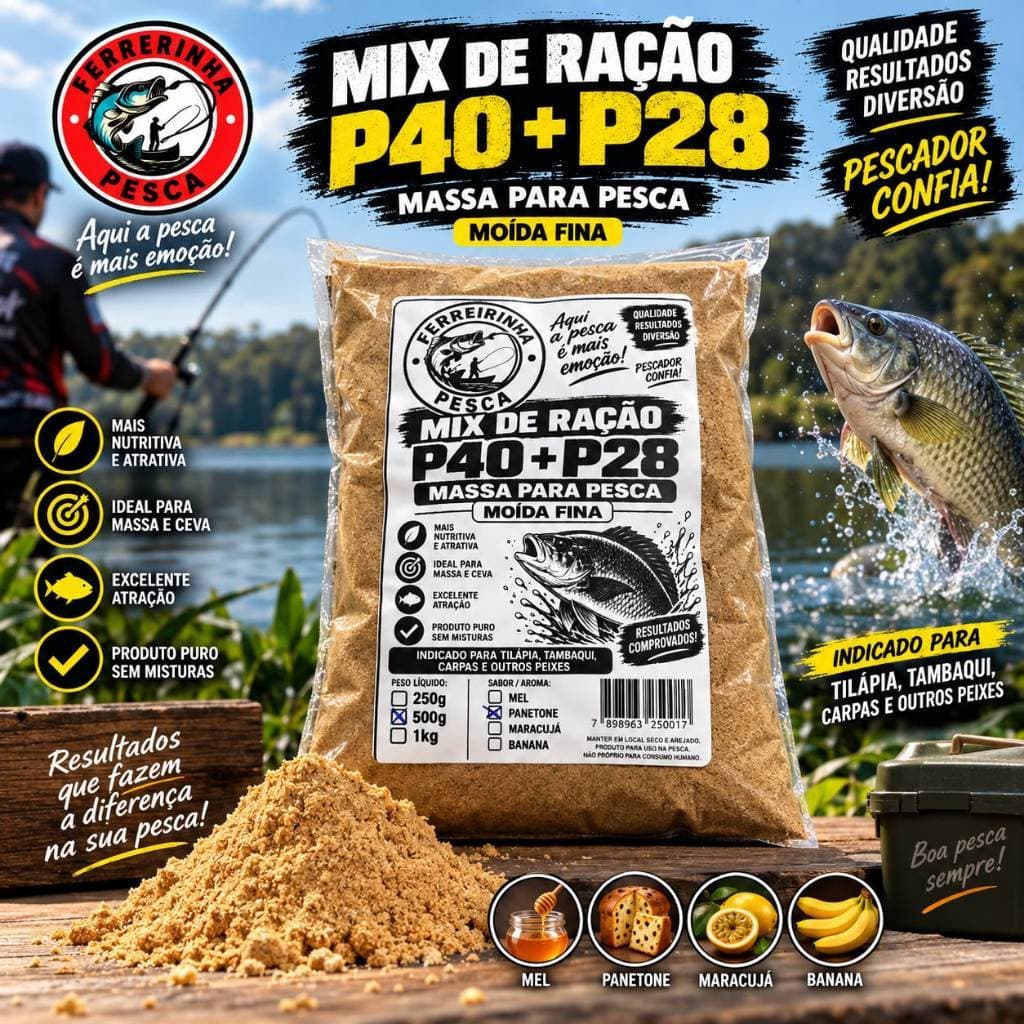Massa de Pesca Ferreirinha P40 + P28 Moída Fina para Tilápia Tambaqui Carpa Ceva