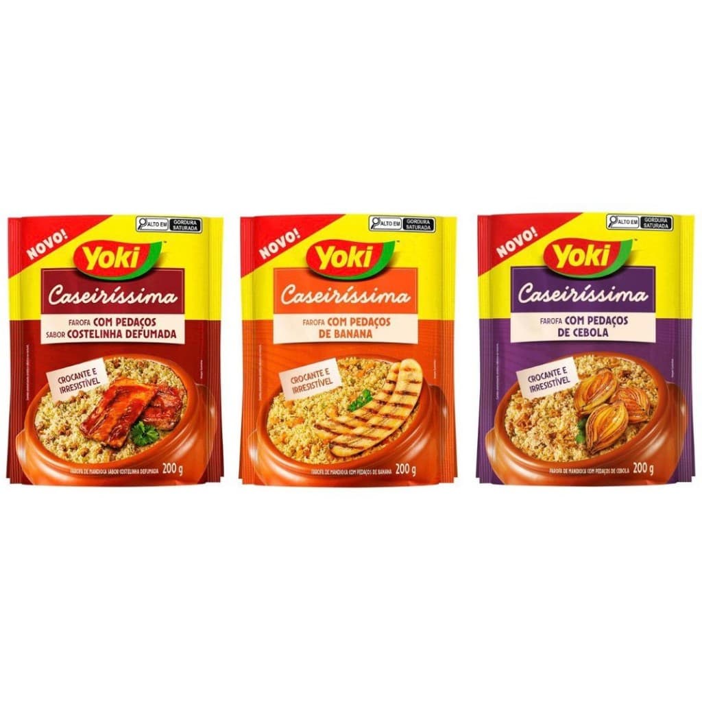 Kit 03 Pacotes de Farofa Premium Yoki Caseiríssima Costelinha/Banana/Cebola - 200 g cada
