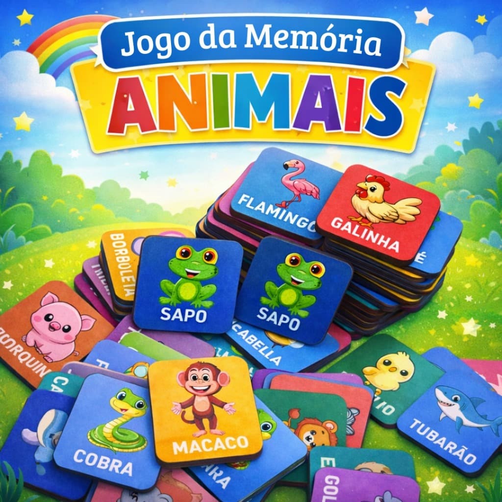 Jogo Memória Animais MDF Colorido Brinquedo Pedagógico Educativo Infantil
