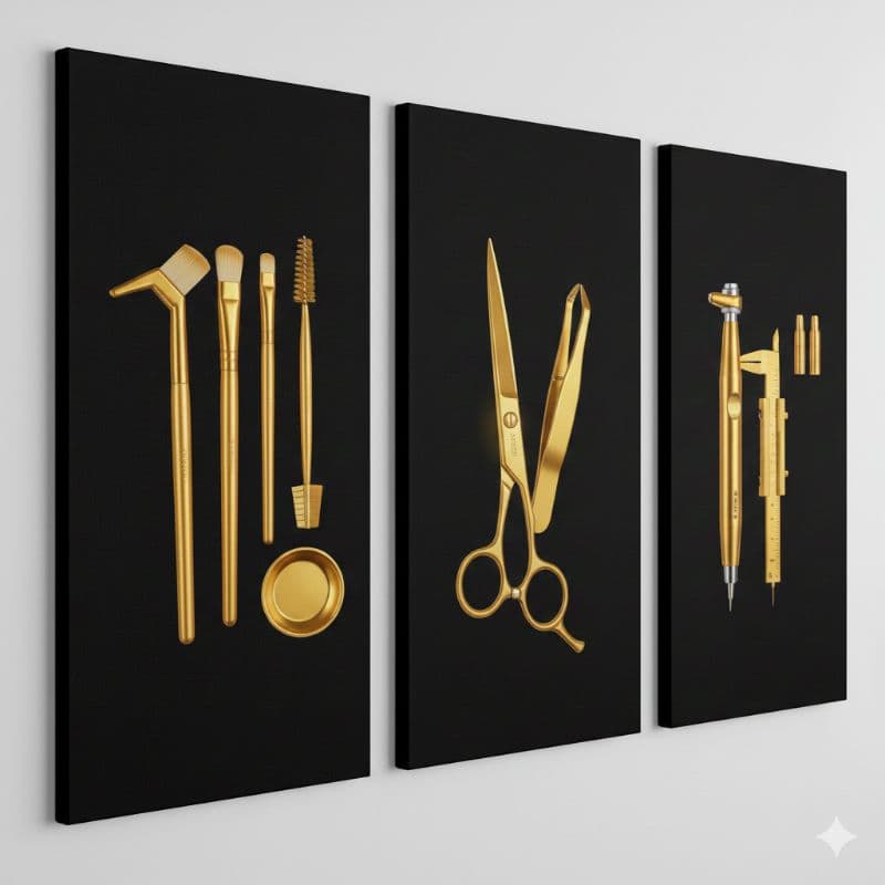 Kit 3 Quadros Decorativos Design de Sobrancelhas Luxo Gold - Borda Infinita  - Decoração Studio de Beleza
