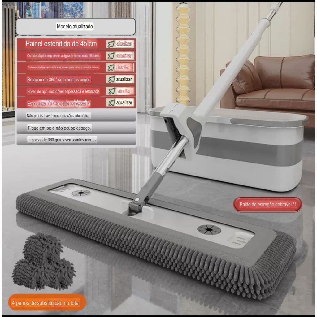 Conjunto De Esfregão + Balde Dobrável De Microfibra Com Raspador De Desaguamento + 3 Refil luxo