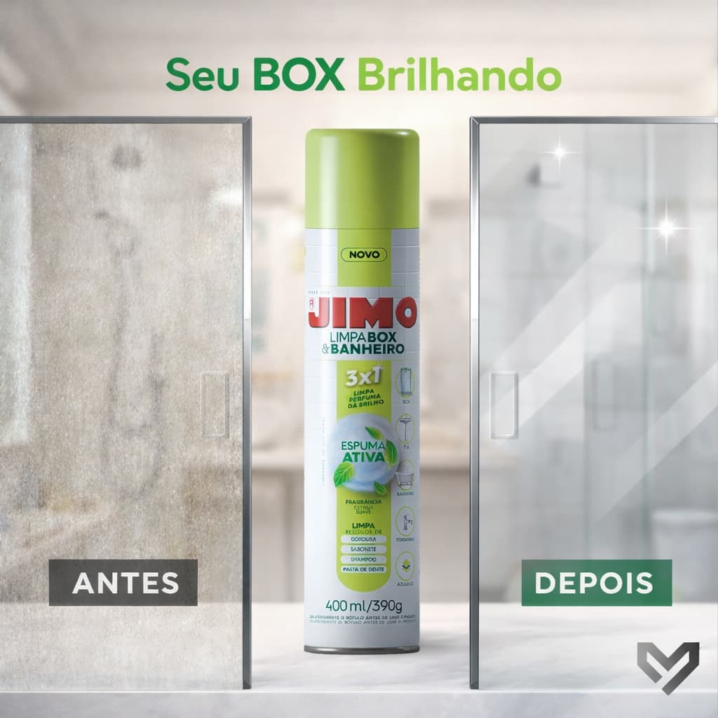 Jimo Limpa Box Banheiro 400ml Spray Espuma Ativa Vidros Blindex Brilho Remoção Marcas de Água