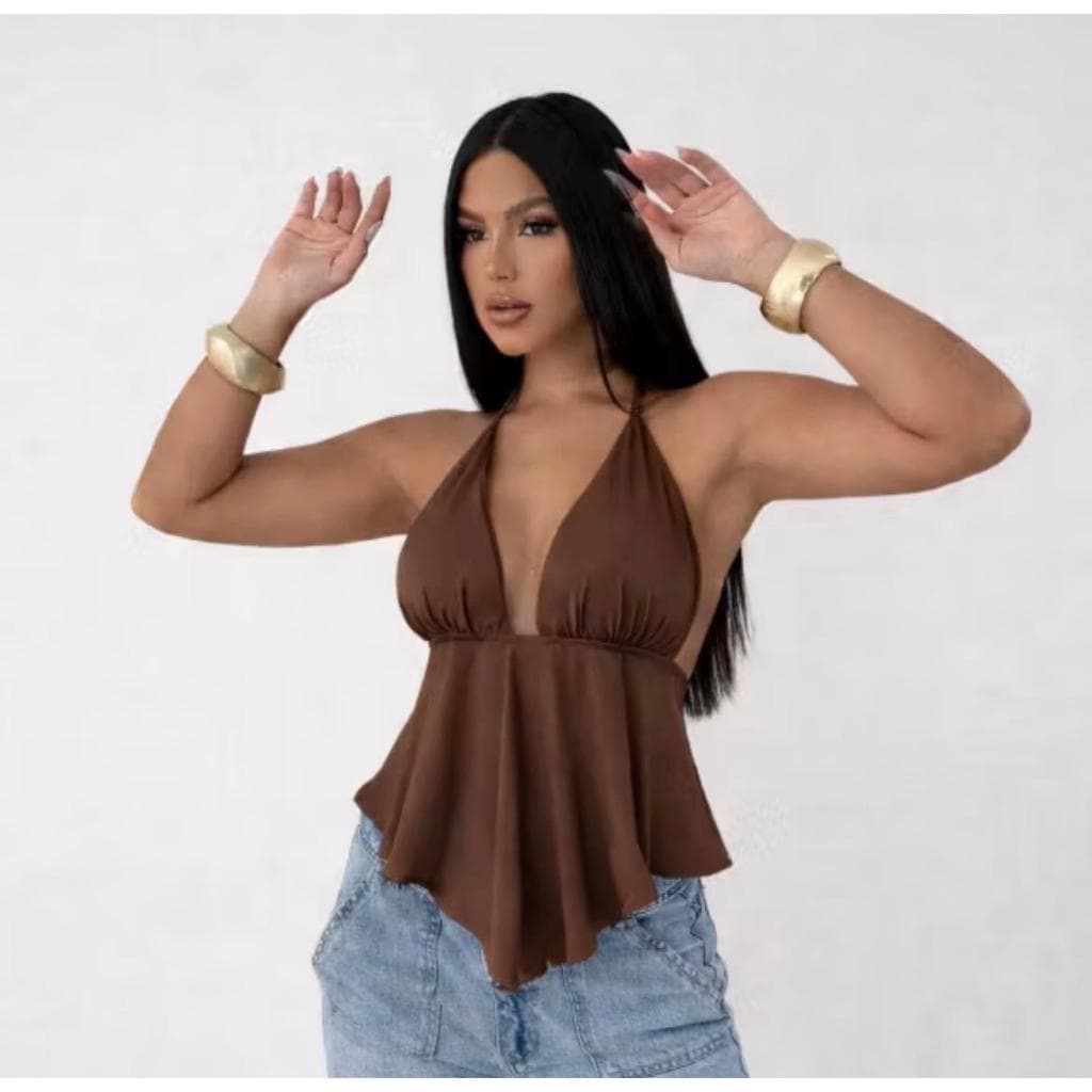 Blusa Bata Cropped Com Amarração, Babado Frontal Com Bojo e Costa Nua